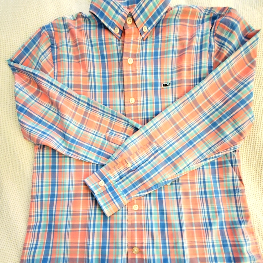 Vineyard Vines pink and blue plaid boys shirt